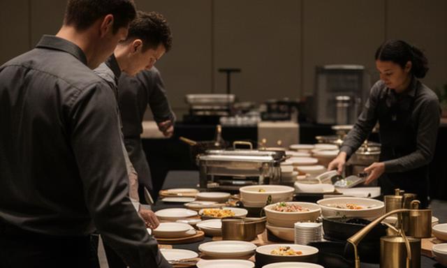 催事の開始前にスタッフが料理台と食器の位置を確認し、配膳の準備を進める様子