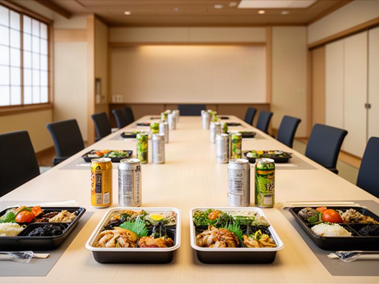 研修会場のテーブルに個別の昼食ボックスと飲み物が整然と並び、参加者を迎える準備ができた様子