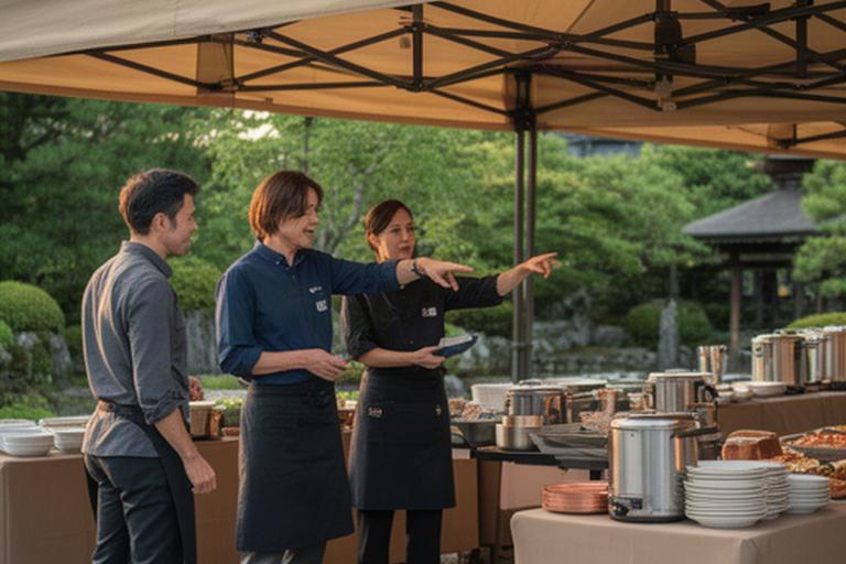 地域イベントのテント脇で、実行委員とケータリングスタッフが配膳の段取りを確認する様子