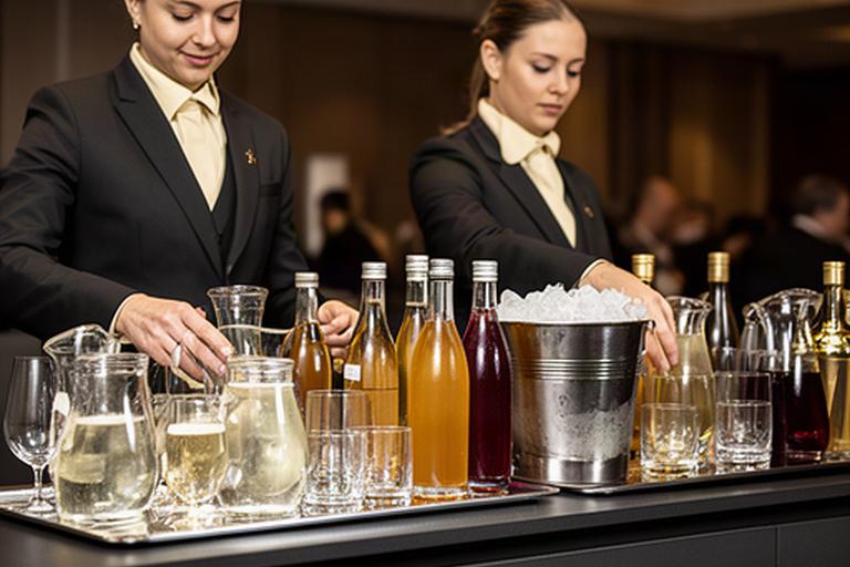 企業パーティーでスタッフがソフトドリンクと飲み物を準備するカウンター