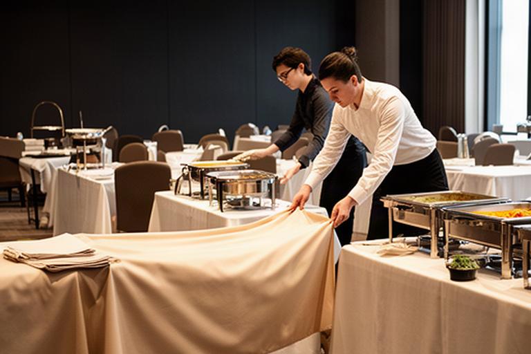 社内レセプション前にテーブルクロスと料理台を整える会場設営の様子