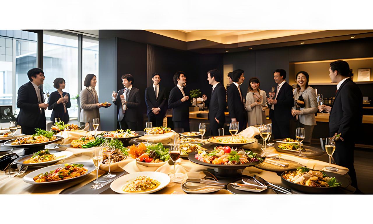 企業レセプション会場に並ぶ季節料理のビュッフェと、会話を楽しむ参加者