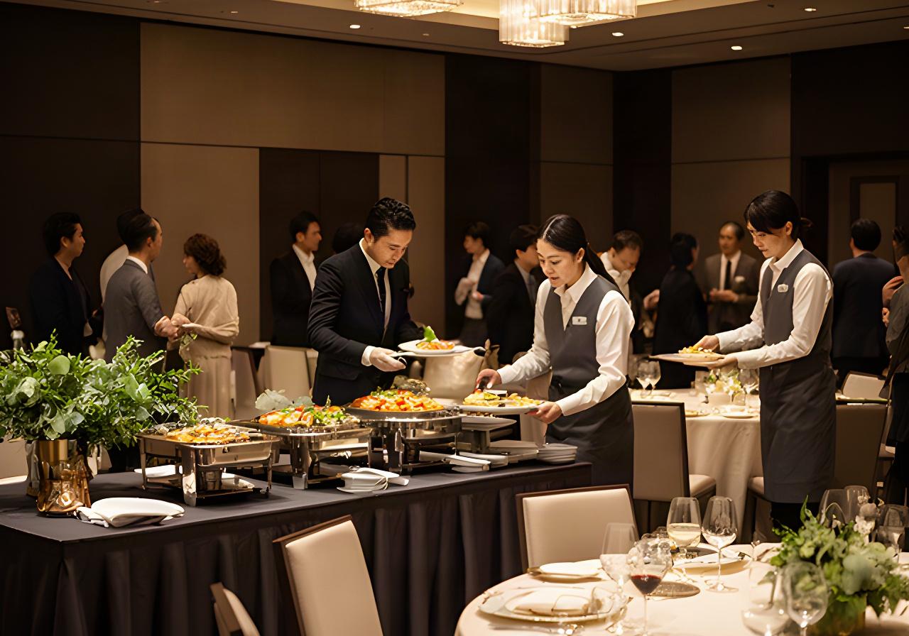 落ち着いた宴会場でスタッフが料理を整え、参加者が会話を楽しむケータリング当日